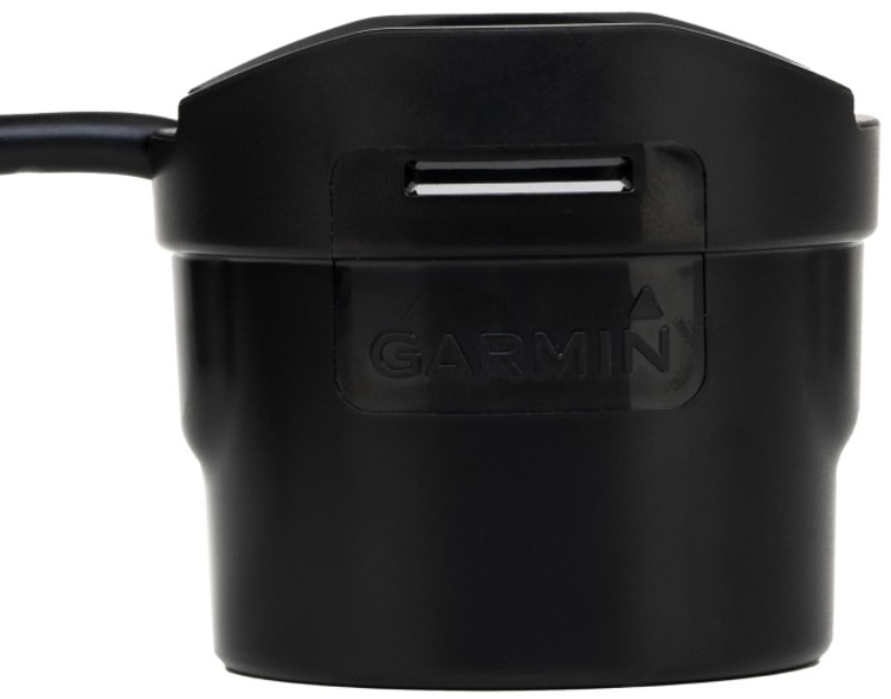 Side view displaying the high-wide CHIRP sonar element and rugged housing.