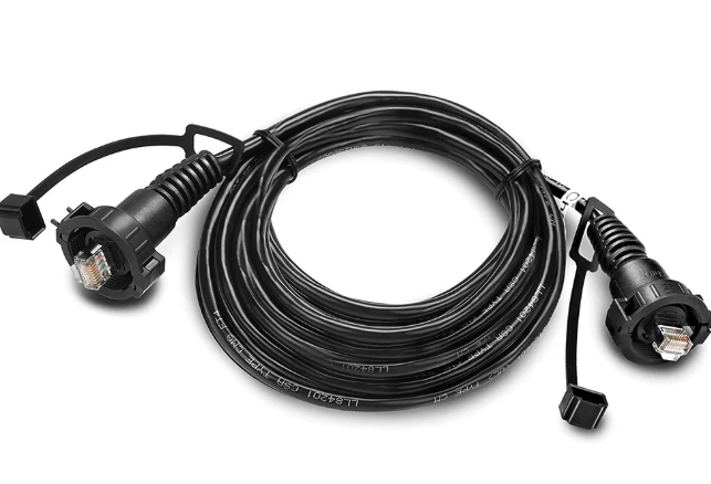 Garmin RJ45 Ethernet cable plugged into a GPSMAP chartplotter.