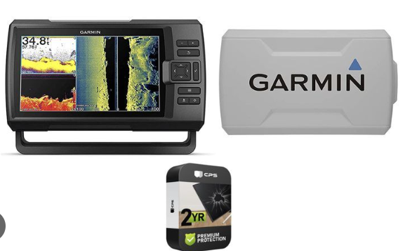 Garmin protective cover placed beside a Striker 5dv fishfinder display.