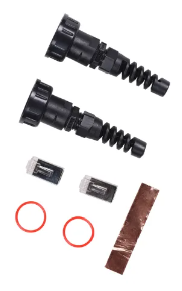 Adapter kit pieces with metal tightening rings for secure Garmin BlueNet device connection.