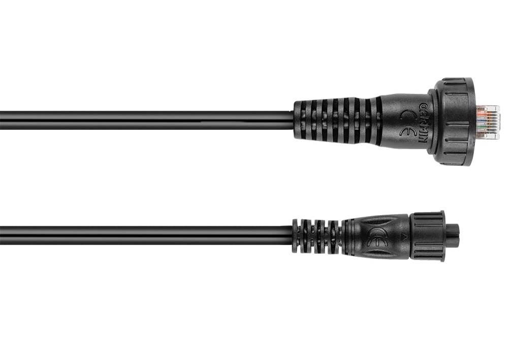 Side profile of the adapter cable&rsquo;s rugged marine rated connectors.
