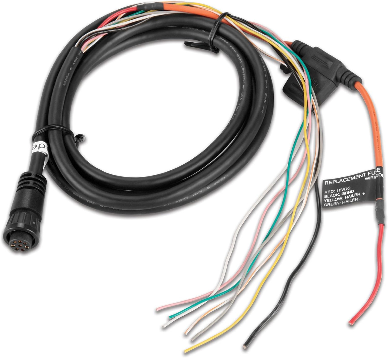 Color-coded wires (red power, black ground, blue/gray Tx, brown/violet Rx) of the NMEA 0183 cable. &mdash; Detail showing wiring functions.