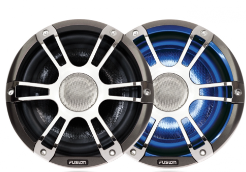 Two sport speakers mounted on a boat cockpit panel with wiring ready for install.