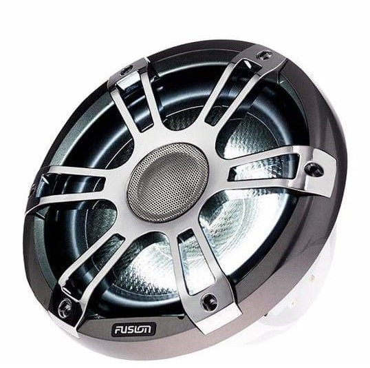 Charcoal/gray speaker grille with integrated marine waterproofing.