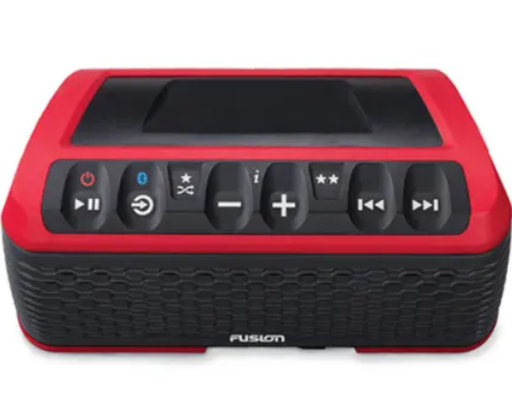 Water-resistant floating stereo with rugged chassis and Puck-mount base attachment.