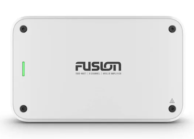 Close‑up of Class‑D amplifier surface and rugged True‑Marine finish.