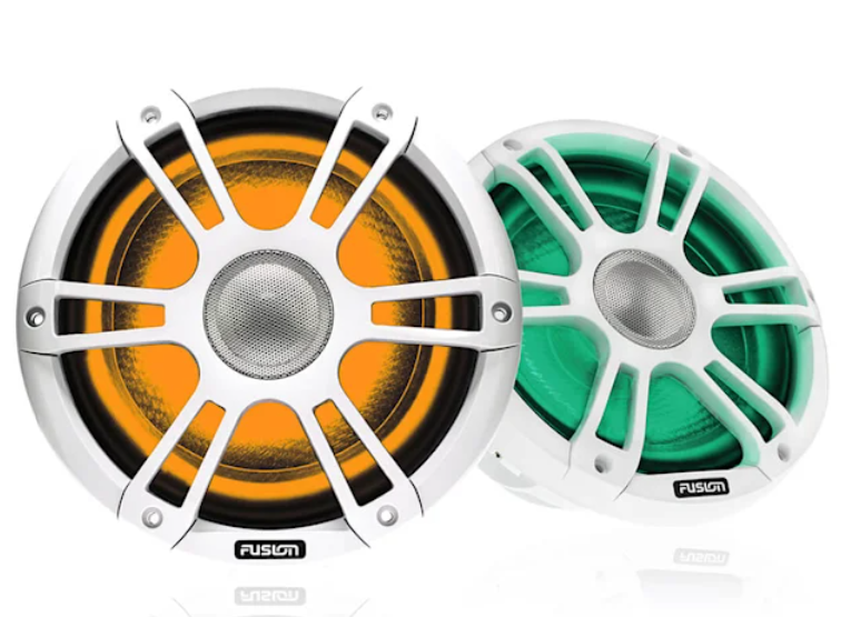 Close-up of silk dome tweeter and CURV cone acoustic components.