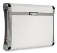 Shot of amplifier placed alongside marine speakers demonstrating system setup.