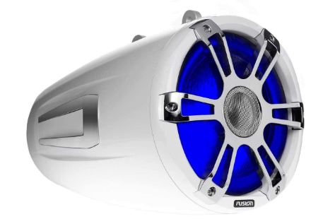 Installed speakers on a wake tower of a sports boat.