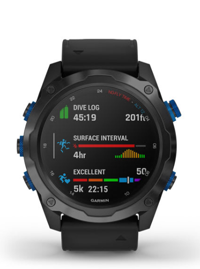 Watch paired with the Garmin Dive&trade; app showing dive log on smartphone.