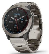 Front view of the Garmin quatix® 6X Solar Titanium smartwatch showing the 1.4″ Power Glass display.