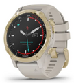 Front view of the Garmin Descent™ Mk2S dive GPS smartwatch with Light Gold bezel and Light Sand silicone band.