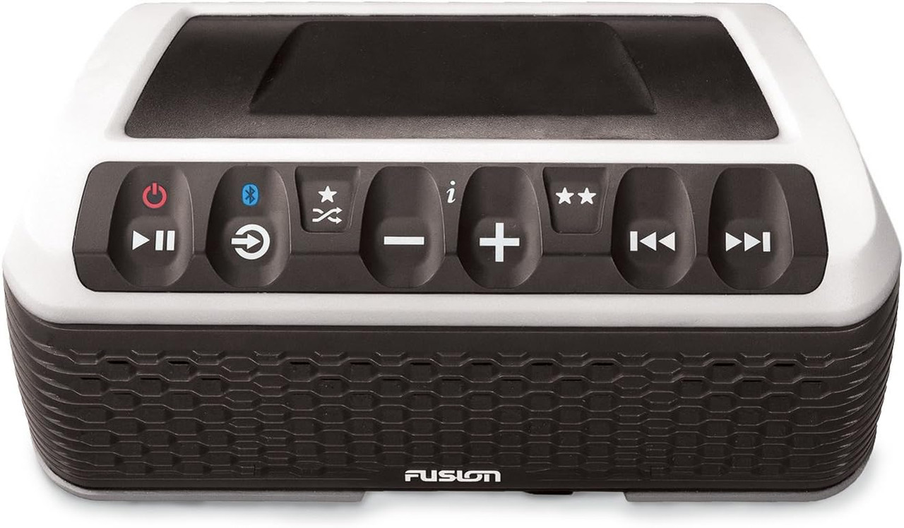 FUSION StereoActive rechargeable marine stereo providing extended music playback on a boat.