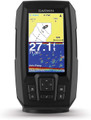 Garmin STRIKER Plus 4 Worldwide fishfinder with dual-beam transducer installed on a fishing boat.
