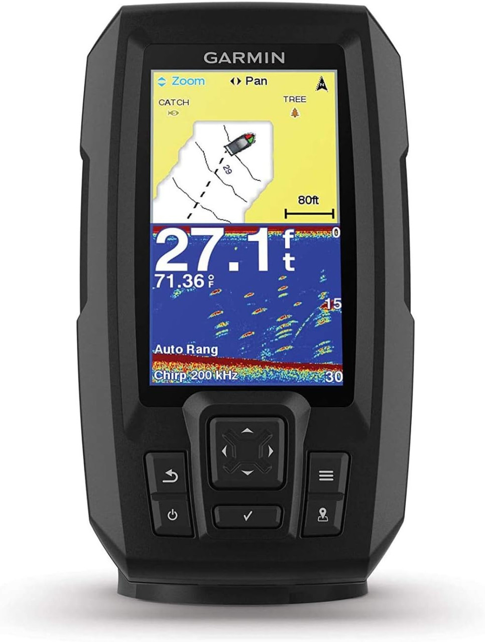 Compact Garmin fishfinder displaying sonar returns and underwater structure while fishing.