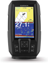 Garmin STRIKER Plus 4 Worldwide fishfinder with dual-beam transducer installed on a fishing boat.