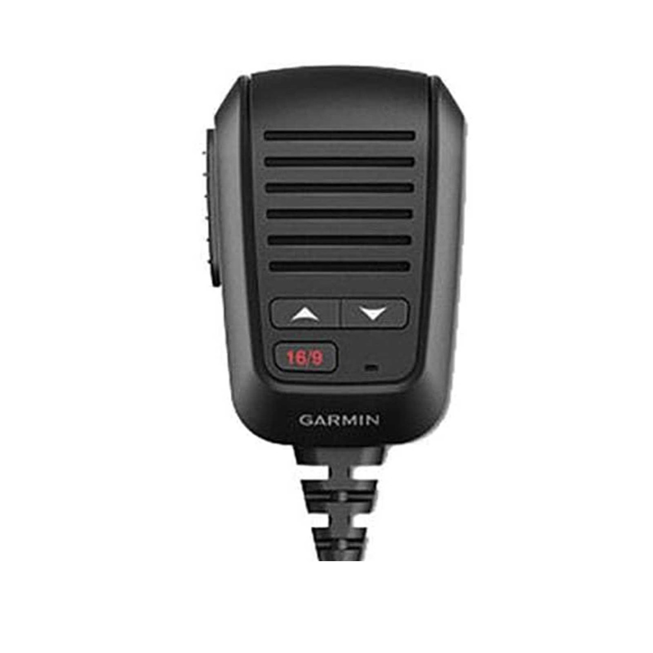 Handheld Garmin microphone being used by a boat operator for two-way marine radio communication.