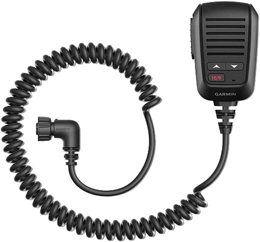 Garmin Fist Microphone presented as a marine communication accessory for VHF 210 and VHF 215 radios.