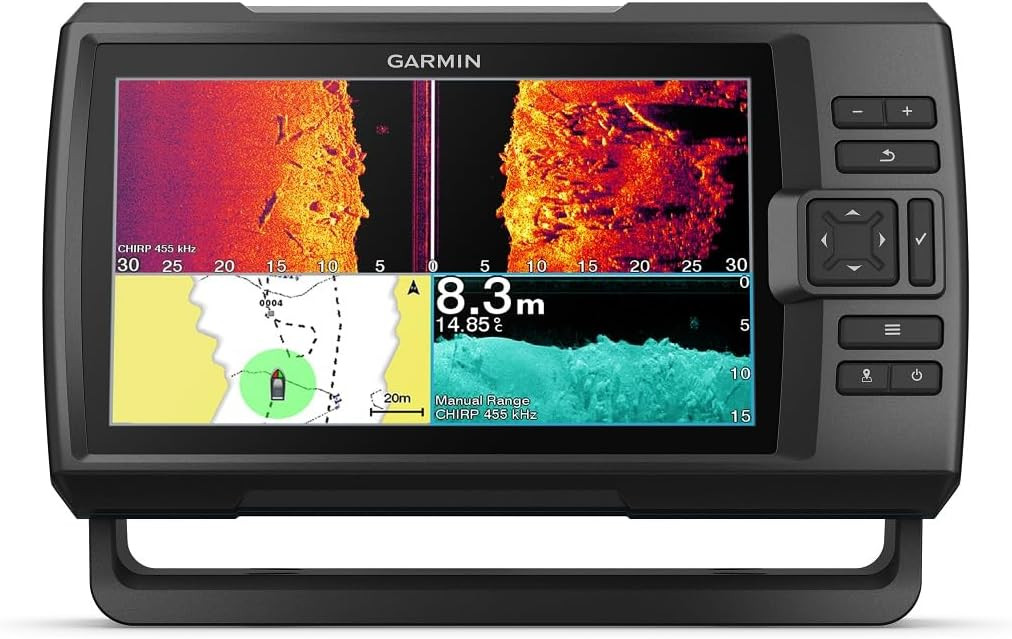 Garmin STRIKER Vivid 9sv mounted on a boat with the tilt mounting bracket for convenient viewing.