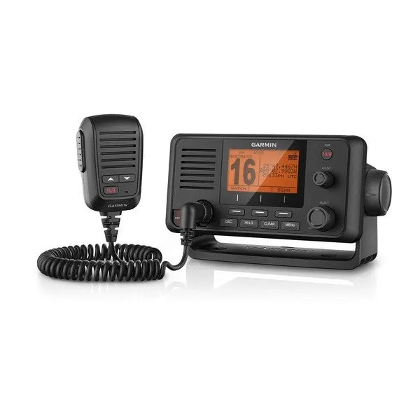 Garmin VHF 215i International installed at the helm of a boat for convenient marine communication.
