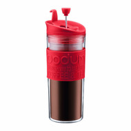 Bodum Insulated Plastic Travel French Press Coffee and Tea Mug, 0.45-Liter, 15-Ounce, Red