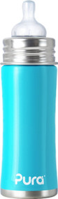Pura Kiki Stainless Infant Bottle Stainless Steel with Natural Vent Nipple, 11 Ounce, Aqua Blue, 3 Months+ 