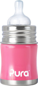 Pura Kiki Stainless Infant Bottle Stainless Steel with Natural Vent Nipple, 5 Ounce, Pretty Pink, 0-6 Months+