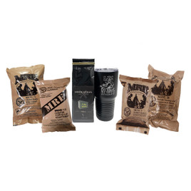 4 - 2022 MRE Singles (1) Beef (1) Pork (1) Chicken (1) Veggie - (1) "Is Your Gear Battle Tested" Insulated Coffee Tumbler, your choice of (1) Light, Medium or Dark AMMOCANMAN® Coffee