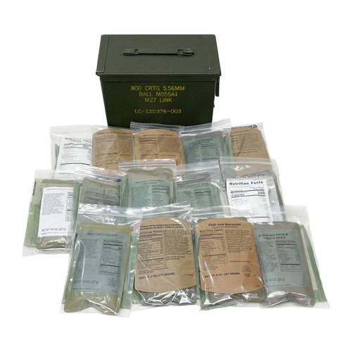 Fat 50 Cal Ammo Can Used Grade 1 w/15 MRE Entrees