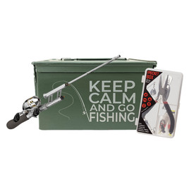 Laser Engraved Used Grade 1 "KEEP CALM AND GO FISHING" 50 Cal Ammo Can, Rod, Reel and Pocket Box Combo
