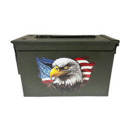 Choose 30 Cal, 50 Cal or Fat 50 Cal Ammo Can Used Grade 1 with UV Printed "Eagle Flag"