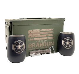 (2) "HOLD THE LINE" Engraved Insulated Wine Tumblers, (1) Engraved Corkscrew MutliTool and (1) Laser Engraved "Let's Go Brandon" 50 CAL Grade 1 Ammo Can