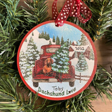 Red Dachshund Red Truck Christmas Ornament