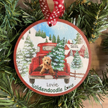 Goldendoodle Red Truck Christmas Ornament