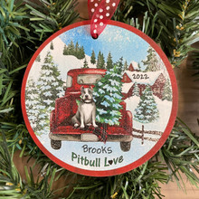 Pit bull Red Truck Christmas Ornament