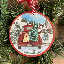 Pomeranian Red Truck Christmas Ornament