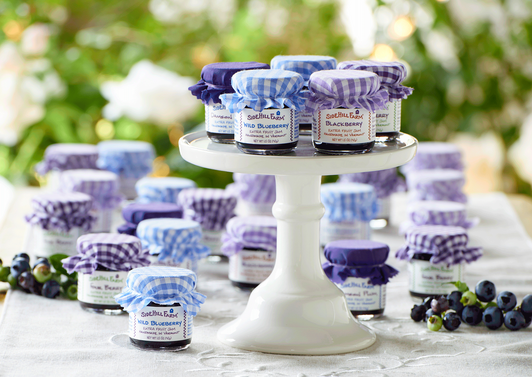 Blue and Purple cloth covered jam display for a special event