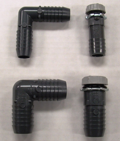 Top fittings are 3/4" and bottom are 1" fittings for 8 or 10 cylinder engines.
Left fittings are the standard fitting that comes with the kit.  The right fittings are optional and cost extra.