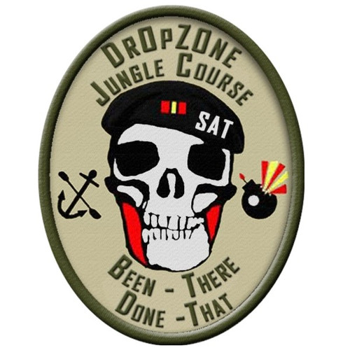 The DrOpZOne Jungle Course patch, 100% Embroidery with velcro backing to allow you to move it from your shirt to your cap to your bag, can only be purchased by individual who complete the Jungle Course successfully. Successfully means you complete the entire course in less than 2 hours without having to be carried.