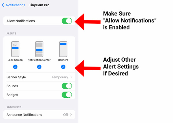 TinyCam Pro App Notification Settings