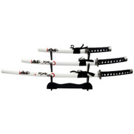 3 Piece White Dragon Japanase Katana Sword Set With Wooden Stand