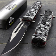 Master USA MU-A007GY 8.75" Grey Skulls Spring Assisted Folding Knife