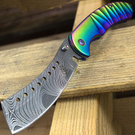 Buckshot 8" Damascus Style Rainbow Handle Spring Assisted Folding Pocket Knife