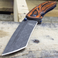 Buckshot 8.75" Damascus Style Spring Assisted Folding Pocket Knife With Wood Handle