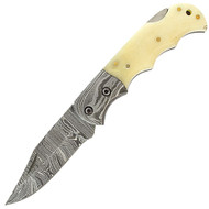 Bone Edge 6.5" Damascus Steel Folding Pocket Knife With Leather Case White