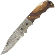 Bone Edge 6.5" Damascus Steel Wood Handle Folding Pocket Knife With Leather Case