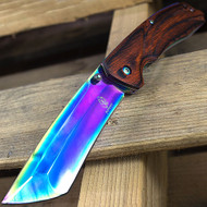 Buckshot 8.75" Tanto Rainbow Blade Spring Assisted Folding Pocket Knife With Wood Handle