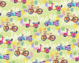 Color My World - Bikes Cars Scooters Green from Studio E Fabrics