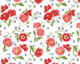 Poppy Meadow - Tossed Poppies White by Jane Shasky from Henry Glass Fabric