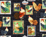 Farm Raised - Roosters Path  Black Charcoal by Gail Green from Henry Glass Fabric